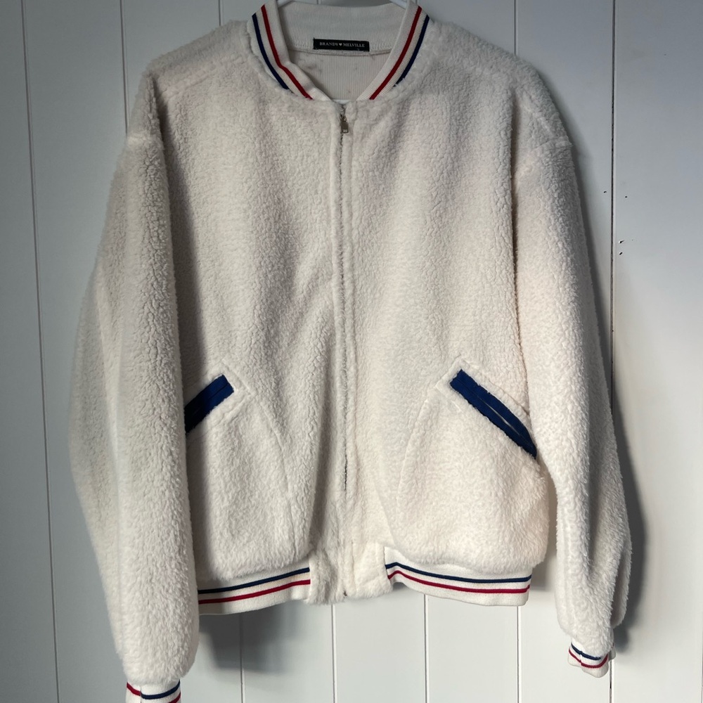 Brandy Melville White Fleece Bomber Jacket with Blue Accents